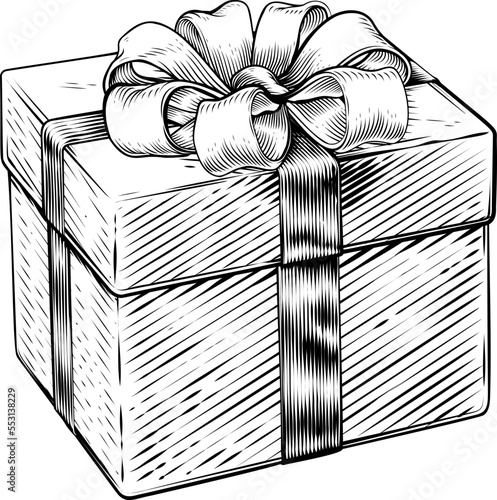 Christmas gift or birthday present in a box. Wrapped in wrapping paper with ribbon bow in a hand drawn vintage woodcut illustration etching style.