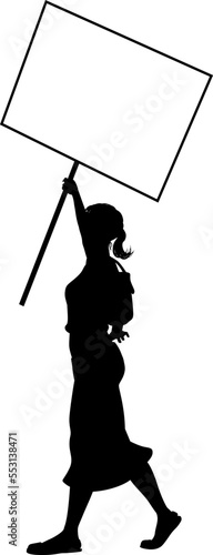 Protestor or demonstrator at a demonstration march, picket line or strike protest rally in silhouette. Holding up a banner or picket sign board placard.