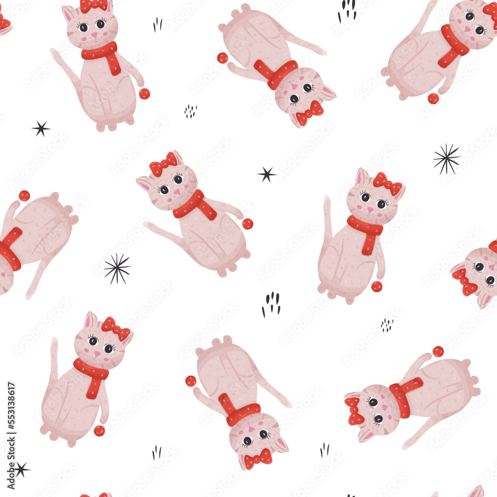 Christmas seamless pattern of cat with red bow and scarf
