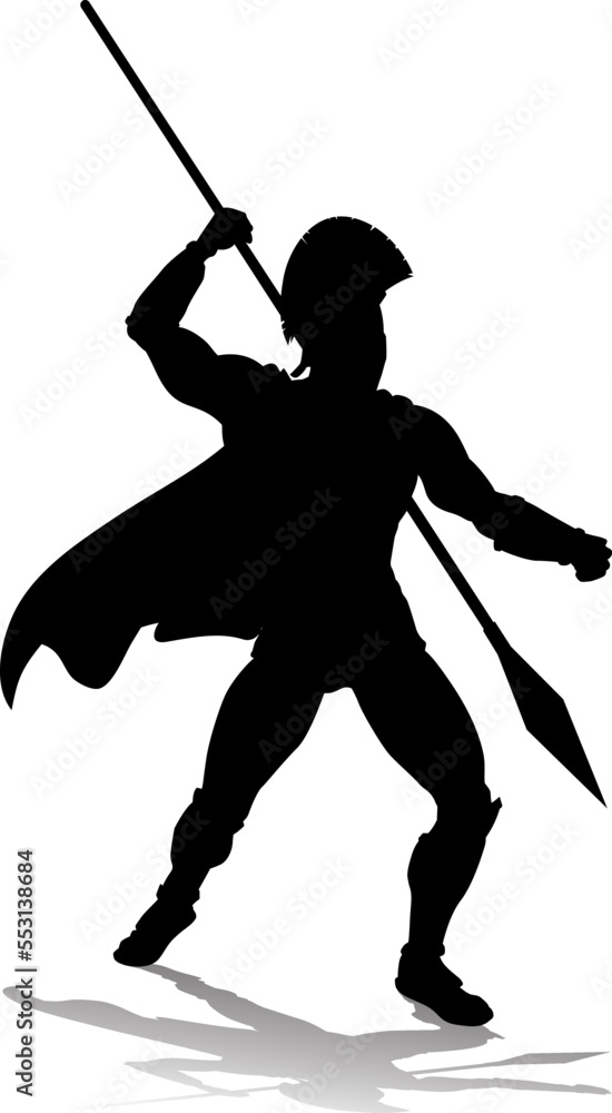 A Spartan or Trojan ancient Greek hoplite warrior silhouette. Could also be a Roman gladiator. A Spartan or Trojan ancient Greek hoplite warrior silhouette. Could also be a Roman gladiator.