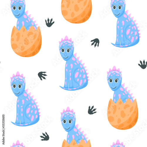 Seamless background with blue dinosaur in hatched egg. Vector cartoon pattern