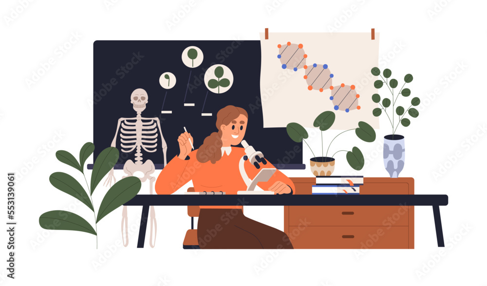Teacher of natural science in biology class room. Professor at table with microscope, skeleton in school classroom. Biologist scientist at lesson. Flat vector illustration isolated on white background Teacher of natural science in biology class room. Professor at table with microscope, skeleton in school classroom. Biologist scientist at lesson. Flat vector illustration isolated on white background