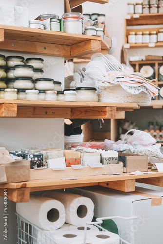 Cosmetic products arranged on shelves at zero waste shop