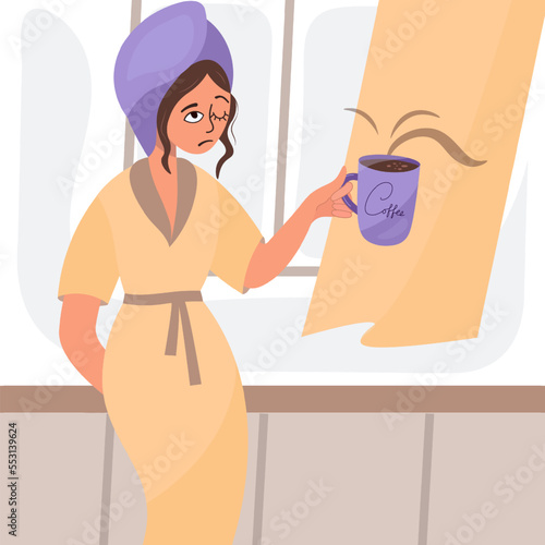 A woman in a bathrobe and a towel holds a cup of tea or coffee in her hand in the morning, sleepy and tired at the window. Conceptual illustration of a night owl type, awakening. Cartoon flat vector