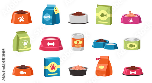 Cat and dog food. Home domestic animals feed containers packs, cartoon bowl with wet and dry meal, pet nutrition concept. Vector colorful set