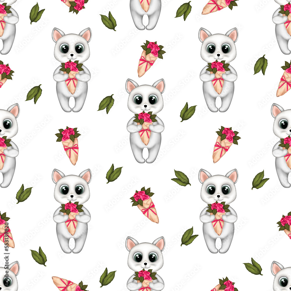 Obraz premium Seamless pattern with baby kitten and pink rose bouquet. Valentine’s Day, birthday,greeting cards,fabric and textile.