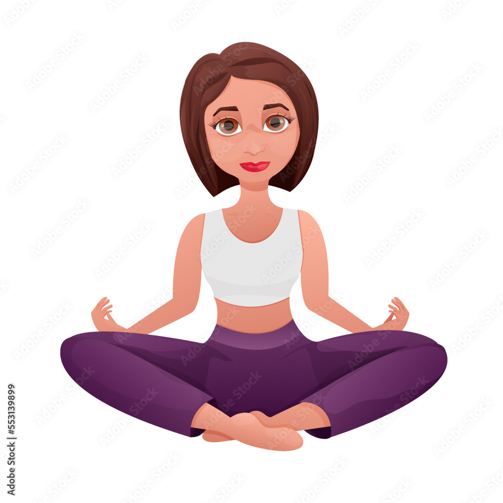 Meditation female character sitting in lotus pose, back view in cartoon style isolated on white background. Meditation female character sitting in lotus pose, back view in cartoon style isolated on white background.
