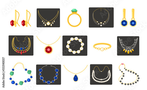 Jewellery accessories. Woman fashion gold silver necklace bracelet ring with luxury gemstone, expensive glamour decoration cartoon style. Vector set