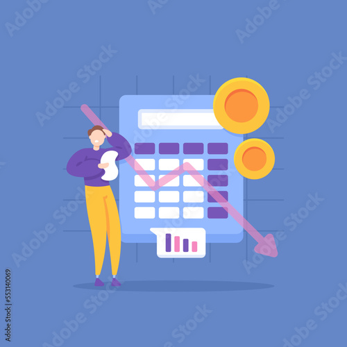 calculate losses. analyzing financial reports. income and profits decrease. business problem. a businessman checks the financial condition of a company. illustration concept design. graphic elements