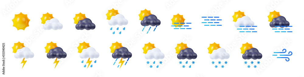 Weather forecast icons with sun, clouds, rain, snow and fog. Meteorology and climate symbols for winter and summer season. Signs of clear, cloudy, rainy, storm and snowy weather, 3d render set - obrazy, fototapety, plakaty 