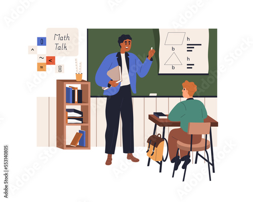 Maths teacher and student in classroom at school. Teaching and studying mathematics at lesson. Pupil learning in mathematical class room. Flat vector illustration isolated on white background