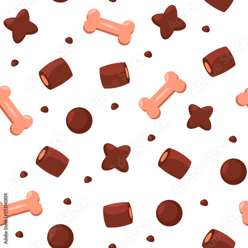 Dry pet food pattern. Seamless print of dog meal cartoon flat style, snacks for domestic and street animals colorful background. Vector texture