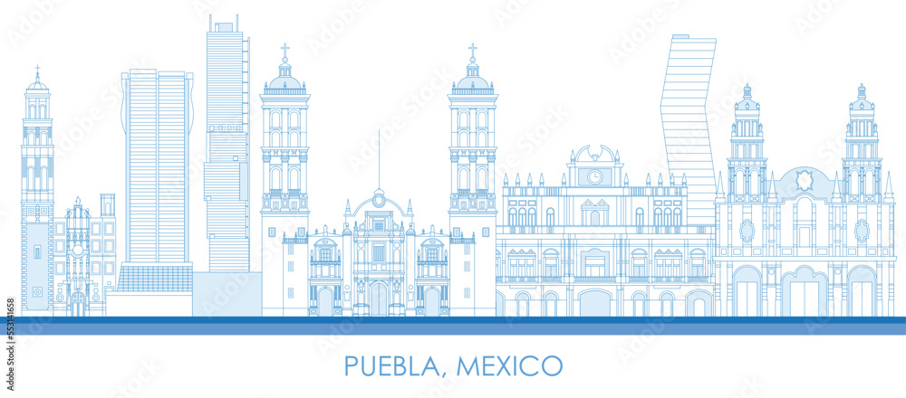 Outline Skyline panorama of city of Puebla, Mexico - vector illustration