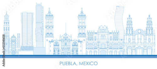 Outline Skyline panorama of city of Puebla, Mexico - vector illustration