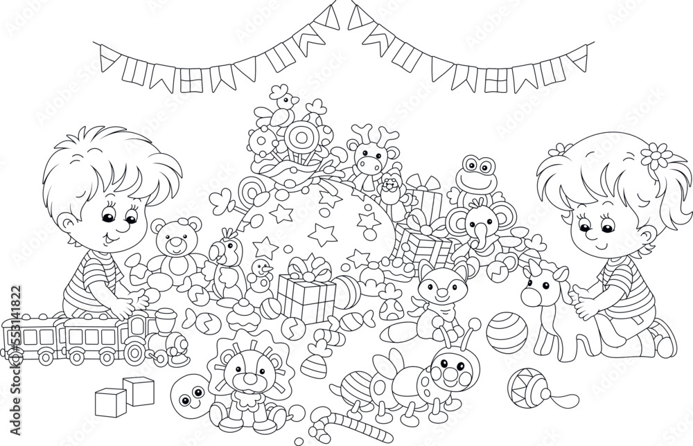 Happy little boy and girl playing with their new funny toys from a large heap of winter holiday gifts and sweets from the good old magician, black and white vector cartoon illustration Happy little boy and girl playing with their new funny toys from a large heap of winter holiday gifts and sweets from the good old magician, black and white vector cartoon illustration
