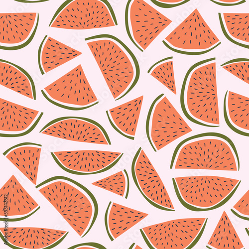 Watermelon seamless texture. Exotic fruit seamless pattern in hand-drawn style. Vector repeat background for colorful summer fabric. 
