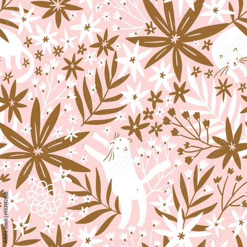 Vector seamless pattern. Cute spring cats in flowers. Floral repeat background with animals in pink and gold colors. Fabric design.