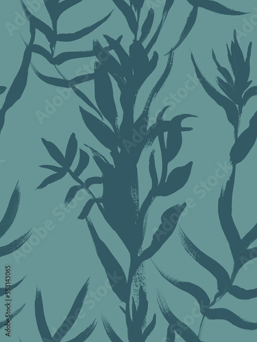 Monochrome pattern with vertical tropical silhouettes of flowers and leaves painted for textile 