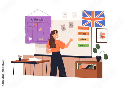 School teacher teaching English language in British classroom. Happy woman writing on blackboard in class room during elementary grammar lesson. Flat vector illustration isolated on white background