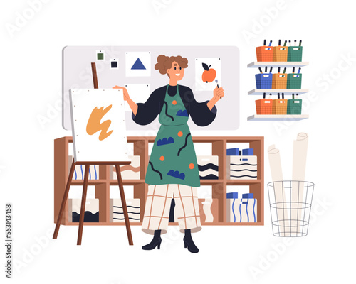 Teacher in art class at school. Artist teaching to draw at creative workshop. Woman explaining painting, standing by canvas on easel in classroom. Flat vector illustration isolated on white background