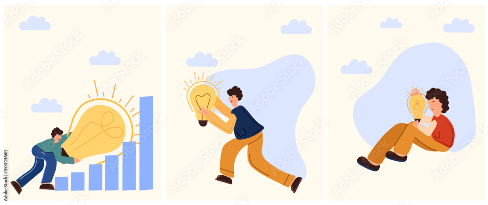 A man in the process of creating a business idea. A light bulb as a symbol of finding solutions and achieving goals. The concept of business, finding ideas, understanding. Vector illustration