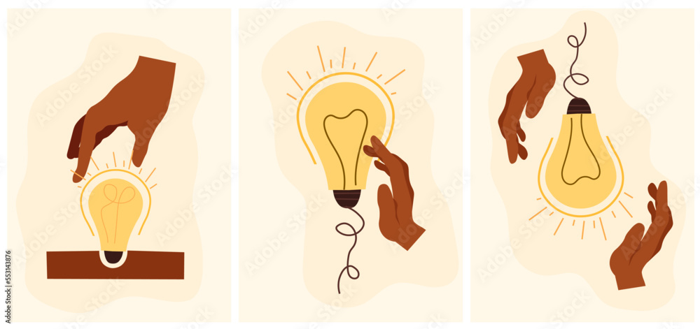 A light bulb as a symbol of creating a brilliant business idea, finding solutions, understanding. Light bulb in human hands. Can be used as a logo. Vector illustration