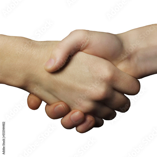 Two hands shaking together isolated on white and transparent background.Isolated handshake closeup view