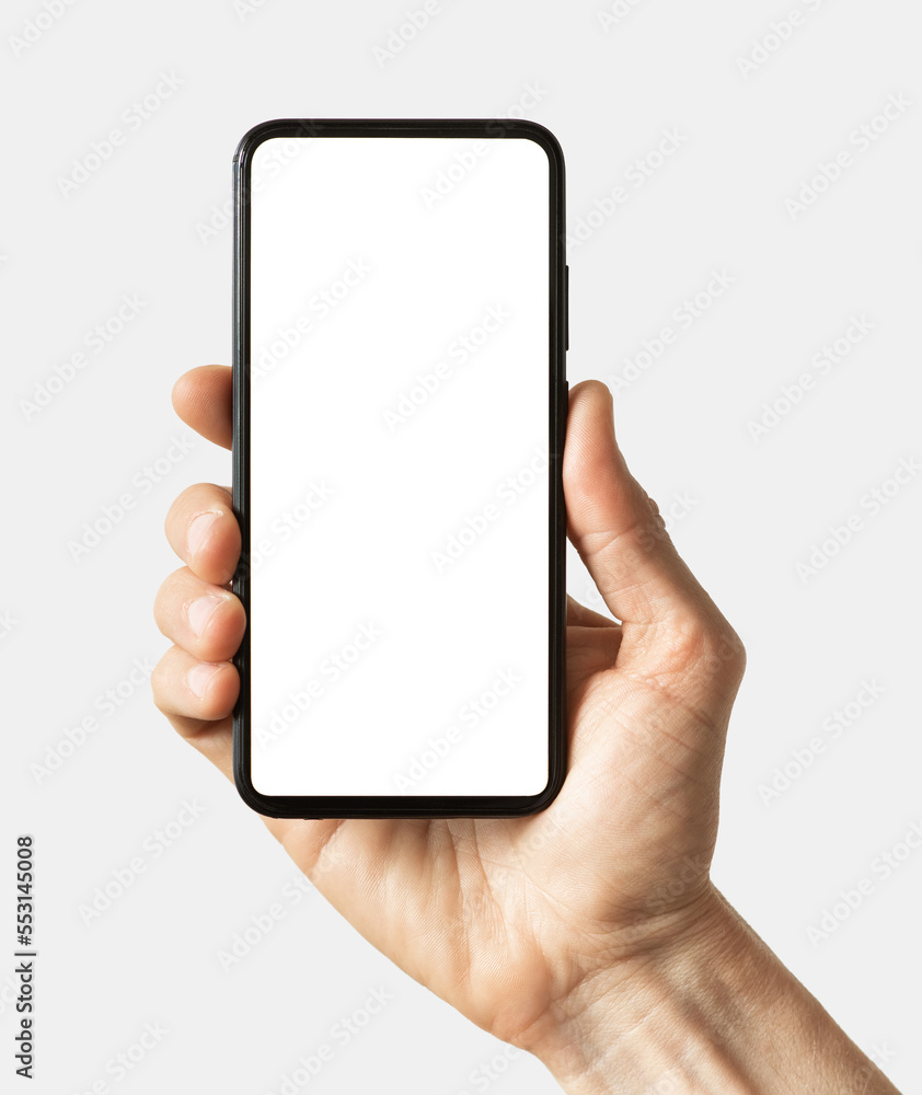 Foto Stock Phone mockup in hand - clipping path, Studio shot of smartphone  with blank white phone screen for web site design, app for mobile phone and  advertisement | Adobe Stock