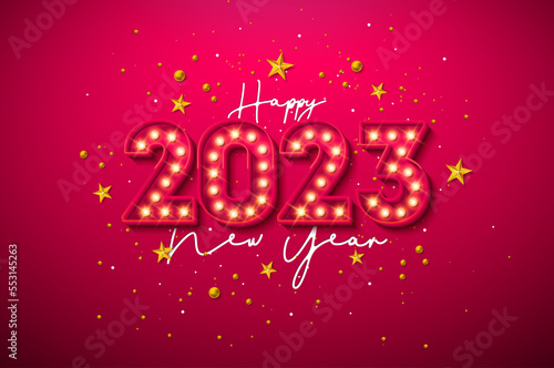 Happy New Year 2023 Illustration with Glowing Light Bulb Number and Gold Star on Red Background. Vector Christmas Holiday Season Design for Flyer  Greeting Card  Banner  Celebration Poster  Party