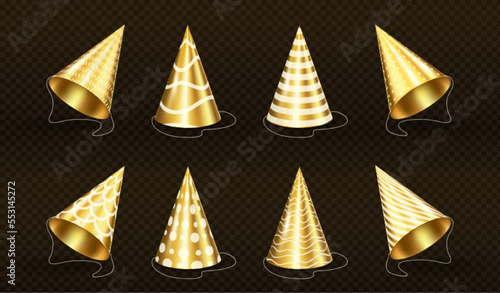 Golden party hats with pattern of stripes, wavy lines, dots and scale. Mockup of gold caps for birthday, Christmas, festive celebration isolated on transparent background, vector realistic set