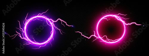 Round frames of electric lightning with sparks and neon glow. Pink and purple sparking discharge in circle shape. Empty banner template with abstract thunder bolt border, vector realistic set