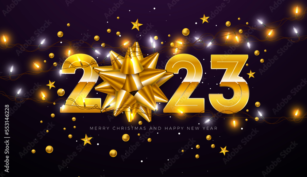 Happy New Year 2023 Illustration with Gold Number, Clock and Bow on Lighting Garland Background. Vector Christmas Holiday Season Design for Flyer, Greeting Card, Banner, Celebration Poster, Party