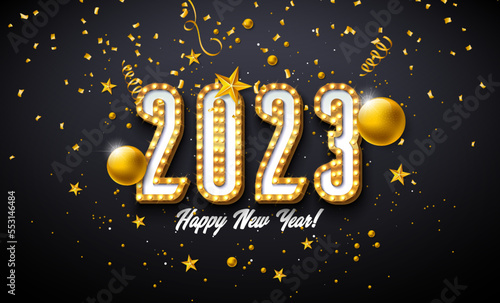 Happy New Year 2023 Illustration with Glowing Light Bulb Number and Gold Glass Ball on Black Background. Vector Christmas Holiday Season Design for Flyer, Greeting Card, Banner, Celebration Poster