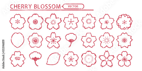 桜の花びら スタンプ風 デザインセット ベクター素材 赤