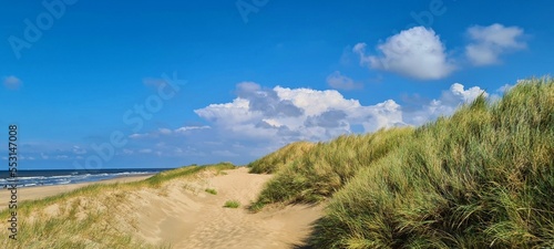 Panoramic view of golden sand dunes at Scheveningen beach, Netherlands