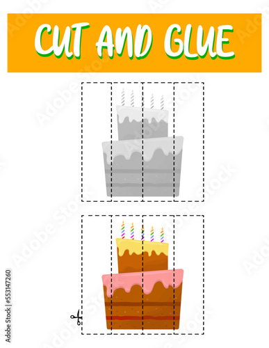 Cut and glue cake. Educational children game, printable worksheet.Puzzles with food.