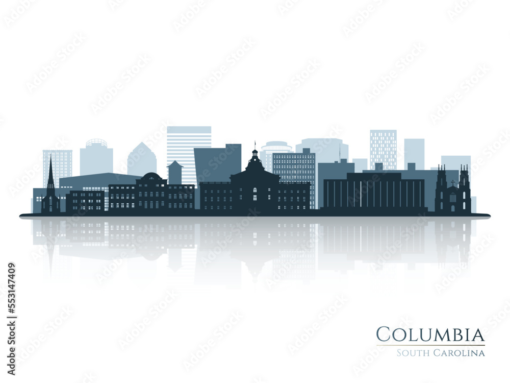 Columbia skyline silhouette with reflection. Landscape Columbia, South Carolina. Vector illustration.