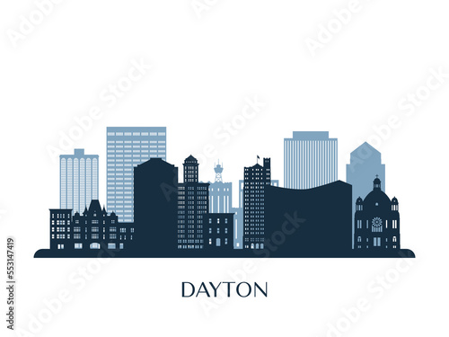 Dayton, OH skyline, monochrome silhouette. Vector illustration.