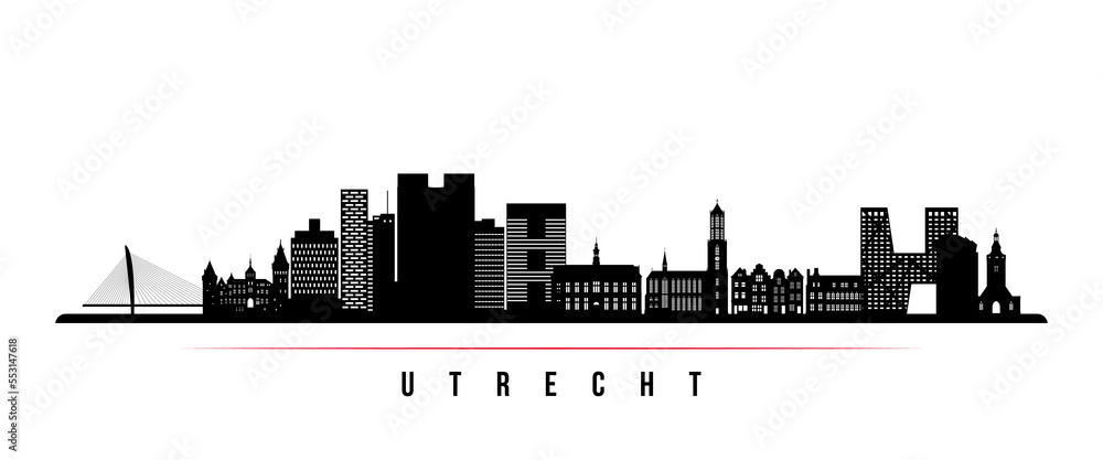 Utrecht skyline horizontal banner. Black and white silhouette of Utrecht, Netherlands. Vector template for your design.