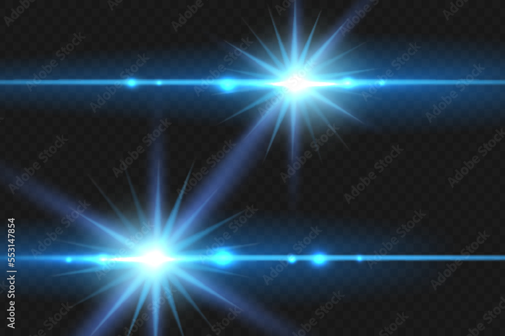 Obraz premium Bright particles, burning blue lights, stars, lasers. Vector.