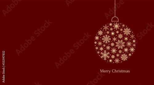 Merry Christmas greeting card with copy space. Christmas ball made of golden snowflakes on a red burgundy background. Vector illustration in flat style