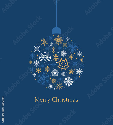 Merry Christmas greeting card. Christmas ball made of snowflakes on a blue background. Vector illustration in flat style