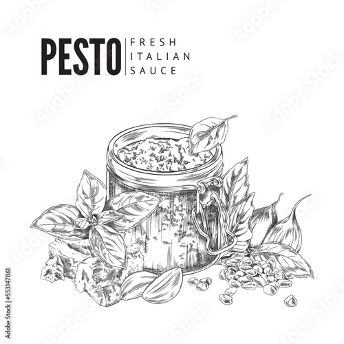Pesto Italian sauce card or recipe book page design sketch vector illustration.