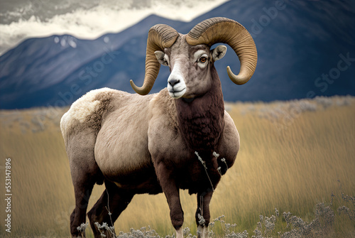 Woolly bighorn sheep, adults, grazing in a field Generative AI photo