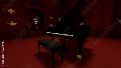 piano in red room 3d render 