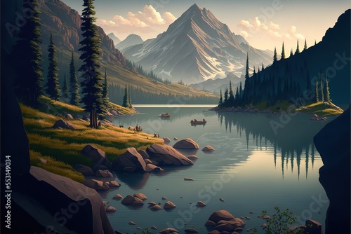 Peaceful Mountain Panorama Landscape in Monochromatic. AI