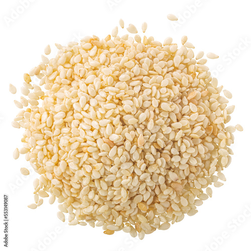 Pile of white sesame seeds (Sesamum indicum), isolated, top view png photo