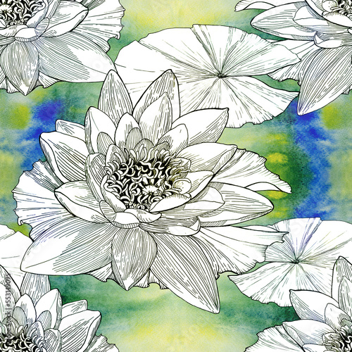 Fototapeta Naklejka Na Ścianę i Meble -  Lotus flower. Seamless pattern on a watercolor background. Wallpapers of medicinal, perfumery and cosmetic plants. Use printed products, signs, posters, postcards, packaging.