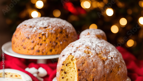 panettone italian cake with bokeh lights in background