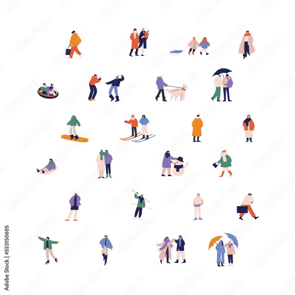 Fototapeta premium Characters and winter holiday funs, outdoor activities set. People on street at wintertime, cold weather. Friends, families walking on vacation. Flat vector illustrations isolated on white background
